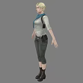 Blonde Woman In White Shirt Blue Scarf Black Pants And Black Boots