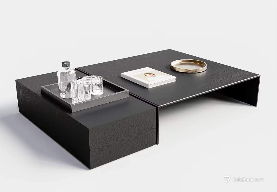 Black Modern Coffee Table With Tray Water Bottle Glasses Book And Gold Plate 3d model 