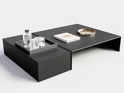 Black Modern Coffee Table With Tray Water Bottle Glasses Book And Gold Plate 3d model