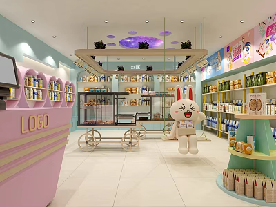 Cheerful Kids Specialty Store With Pink Reception Counter Cartoon Doll And Product Shelves 3d model
