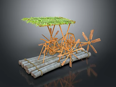 Handmade Bamboo Raft With Green Leaf Canopy And Wooden Paddle Structures 3d model