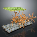 Handmade Bamboo Raft With Green Leaf Canopy And Wooden Paddle Structures