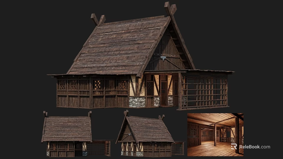 Ancient Traditional Architecture With Wooden Structure Tiled Roof Multiple Views And Interior 3d model 