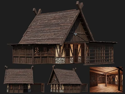 Ancient Traditional Architecture With Wooden Structure Tiled Roof Multiple Views And Interior 3d model