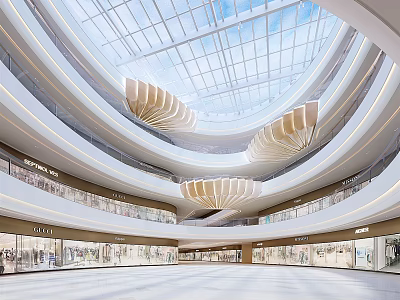 Shopping Mall Atrium With Glass Dome Ceiling Multiple Floors And Hanging Decorations 3d model