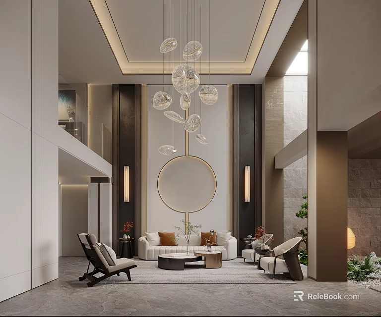 Elegant Modern Living Dining Area With Glass Chandelier Round Mirror And Sofa 3d model 