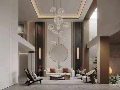 Elegant Modern Living Dining Area With Glass Chandelier Round Mirror And Sofa 3d model