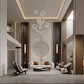 Elegant Modern Living Dining Area With Glass Chandelier Round Mirror And Sofa
