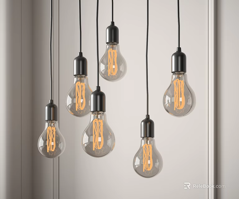 Vintage Clear Glass Bulb Pendant Lights With Black Metal Bases Hanging In Modern Interior 3d model 
