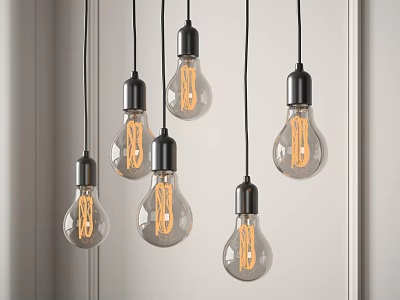 Vintage Clear Glass Bulb Pendant Lights With Black Metal Bases Hanging In Modern Interior 3d model