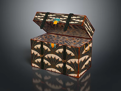 Open Ornate Trunk With Fan Shaped Pattern Gold Accents And Interior Lining 3d model