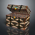Open Ornate Trunk With Fan Shaped Pattern Gold Accents And Interior Lining