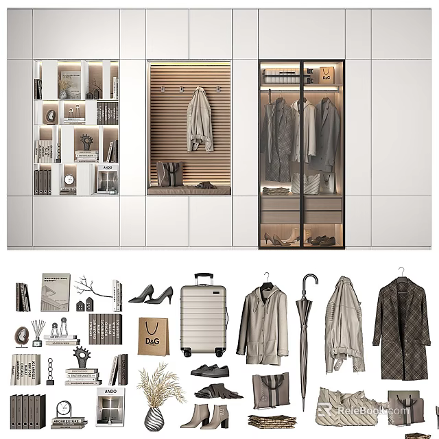 Stylish Foyer Hallway With Wardrobe Storage Cabinets Hanging Coats And Decorative Shelves 3d model 