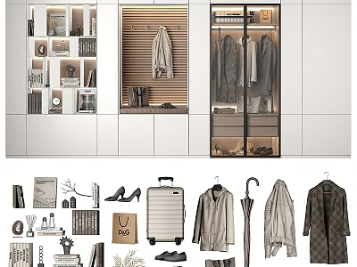 Stylish Foyer Hallway With Wardrobe Storage Cabinets Hanging Coats And Decorative Shelves 3d model