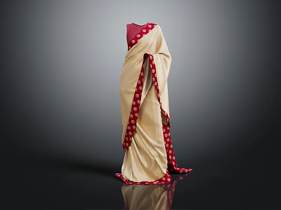 Elegant Beige Sari With Red Polka Dot Patterns And Contrast Border Design For Ethnic Wear 3d model