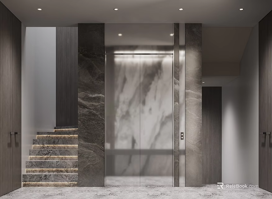 Modern Elevator Lobby Interior With Marble Walls Glass Doors And Staircase 3d model 