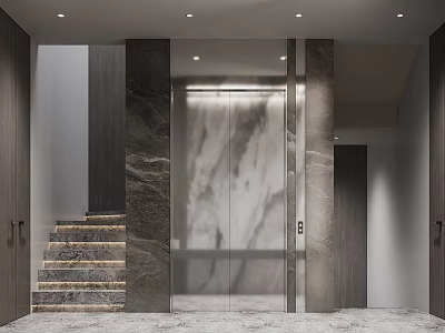 Modern Elevator Lobby Interior With Marble Walls Glass Doors And Staircase 3d model