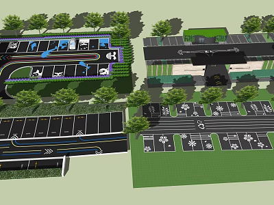 Parking Lot Layout Design With Multiple Lanes Arrow Directions And Greenery 3d model
