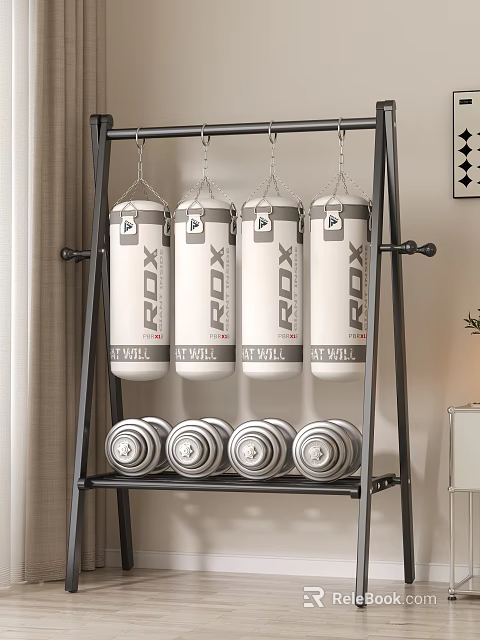 Black Metal Fitness Display Rack With Hanging ROX Punching Bags And Stacked Weight Plates 3d model 