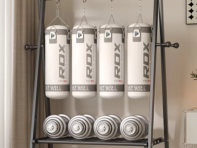 Black Metal Fitness Display Rack With Hanging ROX Punching Bags And Stacked Weight Plates 3d model