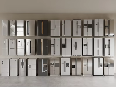 Various Modern Refrigerators And Freezers With Different Styles And Color Options On 3d model
