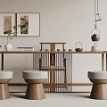 Chinese Style Tea Table And Stools With Wooden Structure Tea Utensils And Framed Paintings