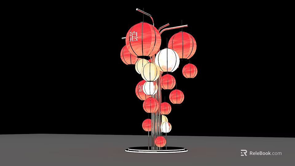 Modern Art Installation Featuring Red And White Lanterns On Metal Frame Design 3d model