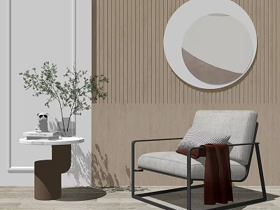 Light Gray Single Sofa With Brown Throw Blanket And Round Mirror In Modern Living Room 3d model