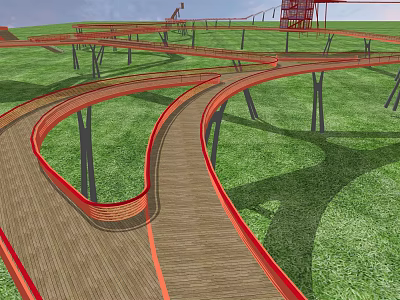 Curved Wooden Walkway With Red Borders On Green Grass Road Infrastructure With Red Tower 3d model