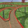 Curved Wooden Walkway With Red Borders On Green Grass Road Infrastructure With Red Tower