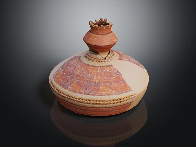 Ancient Ceramic Vessel With Decorative Crown Shaped Lid And Patterned Surface 3d model