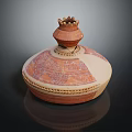 Ancient Ceramic Vessel With Decorative Crown Shaped Lid And Patterned Surface