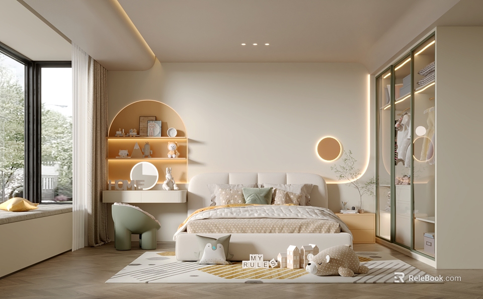 Cozy Bright Kids Room Interior With Soft Bed Curved Shelves And Round Mirror 3d model 