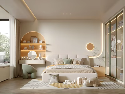 Cozy Bright Kids Room Interior With Soft Bed Curved Shelves And Round Mirror 3d model