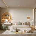 Cozy Bright Kids Room Interior With Soft Bed Curved Shelves And Round Mirror
