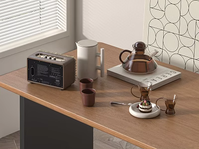 Tableware Set With Copper Teapot White Mug Brown Cups And Cake Plate On Wooden Table 3d model
