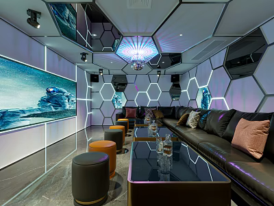 Modern KTV Interior With Hexagonal Wall Panels Large Screen Sofa Seating And Chandelier 3d model