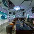 Modern KTV Interior With Hexagonal Wall Panels Large Screen Sofa Seating And Chandelier 3d model