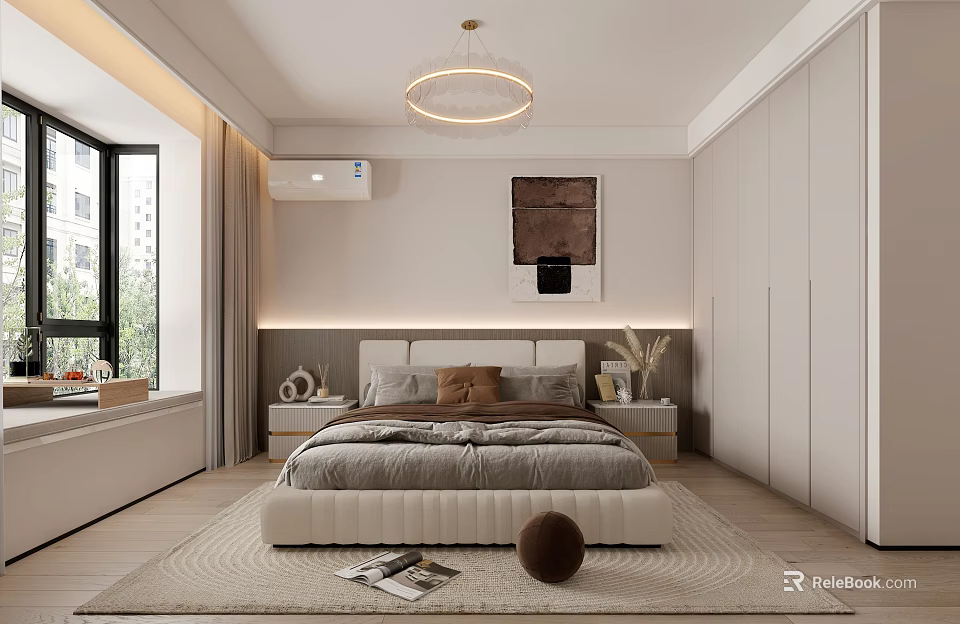 Modern Bedroom Interior Design With Bed Decorative Painting Pendant Light Wardrobe Pillows And Rug 3d model 