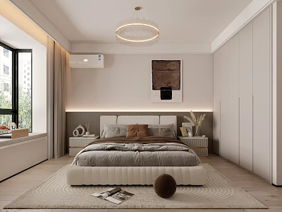 Modern Bedroom Interior Design With Bed Decorative Painting Pendant Light Wardrobe Pillows And Rug 3d model