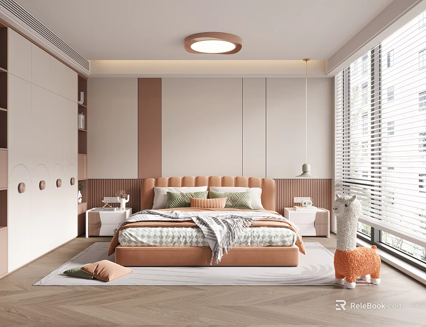 Modern Minimalist Kids Room Interior With Brown Headboard Bed Plaid Quilt And Alpaca Toy 3d model 