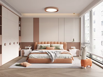 Modern Minimalist Kids Room Interior With Brown Headboard Bed Plaid Quilt And Alpaca Toy 3d model