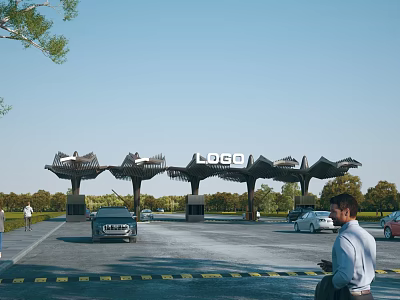 Modern Entrance Gate Featuring LOGO Sign With Vehicles Pedestrians And Trees Around 3d model