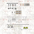 Rustic Kitchen Wall With Hanging Utensils Multiple Racks Spice Jars And Towels 3d model
