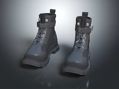 Black Tactical Work Boots With Lace Up Design Buckle Straps And Thick Sole 3d model
