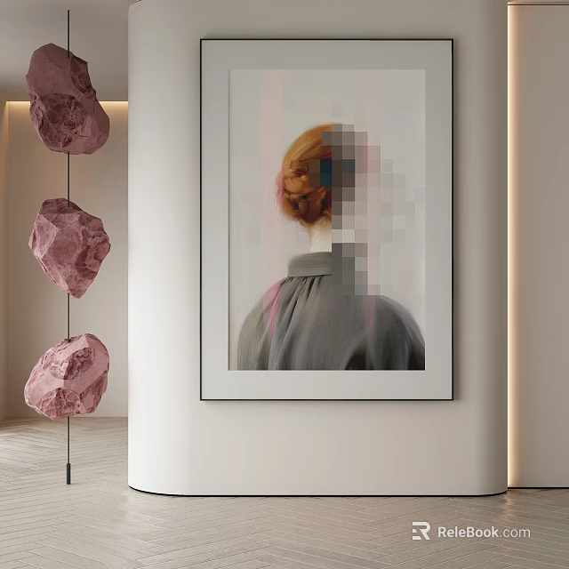 Abstract Painting Featuring Back View Orange Red Hair Gray Clothing Wall Hanging Pink Stone Decorations 3d model 