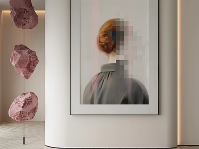 Abstract Painting Featuring Back View Orange Red Hair Gray Clothing Wall Hanging Pink Stone Decorations 3d model
