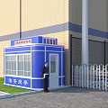 Building Exterior Wall with Yellow Tiles Blue Security Booth Guard Near White Fence Green Lawn