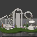 Floral Installation with White Arch Picture Frame Jewelry Box on Green Grass and Purple Flowers
