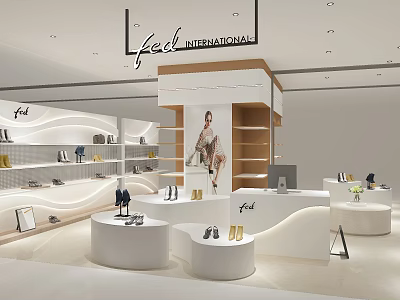 Feel International Shoe Store Interior With White Display Counters Curved Shelves And Model Poster 3d model
